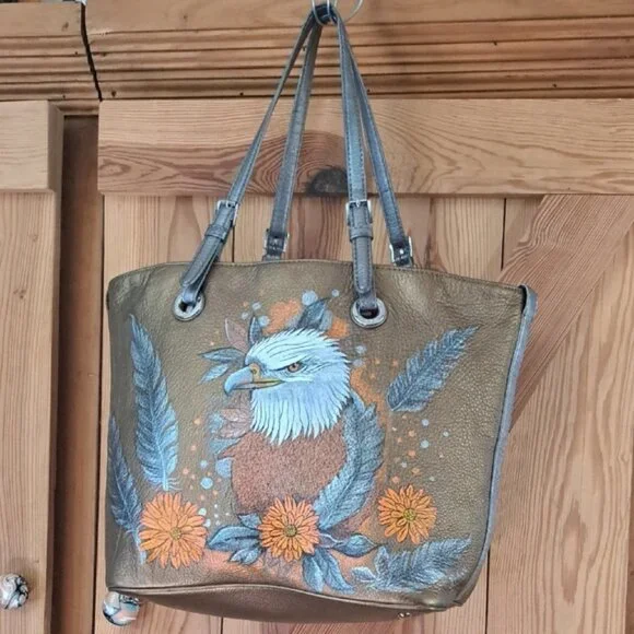 Hand Painted Women's Tote Bag Satchel Eagle & Floral Artwork Purse Shoulder Bag - Picture 3 of 16